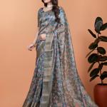 Elegant Floral Printed Silk Saree with Silver Border | Traditional Indian Saree for Weddings & Festive Occasions