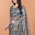 Elegant Floral Printed Silk Saree with Silver Border | Traditional Indian Saree for Weddings & Festive Occasions