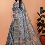 Elegant Floral Printed Silk Saree with Silver Border | Traditional Indian Saree for Weddings & Festive Occasions