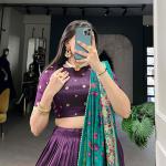 Glamgait Purple Printed Lehenga Choli with Green Banarasi Dupatta