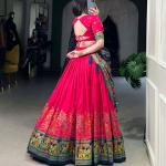 Glamgait Rani Pink Floral Lehenga Choli with Teal Banarasi Dupatta