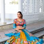 Glamgait Mustard Yellow Floral Lehenga Choli with Blue Silk Dupatta
