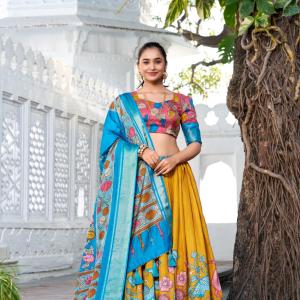 Glamgait Mustard Yellow Floral Lehenga Choli with Blue Silk Dupatta