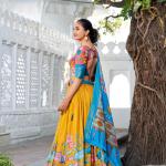 Glamgait Mustard Yellow Floral Lehenga Choli with Blue Silk Dupatta