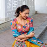 Glamgait Mustard Yellow Floral Lehenga Choli with Blue Silk Dupatta