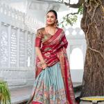 Glamgait Mustard Yellow Floral Lehenga Choli with Blue Silk Dupatta