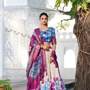 Glamgait Cream Floral Lehenga Choli with Magenta Silk Dupatta & Blue Designer Blouse