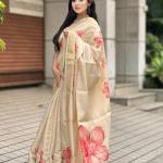 Beige Soft Banarasi Saree with Red Floral Prints – Soft & Lightweight Party Wear Saree for Women