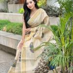 Beige Soft Banarasi Saree with Majestic Peacock Print – Elegant Traditional Wear for Women