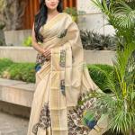 Beige Soft Banarasi Saree with Majestic Peacock Print – Elegant Traditional Wear for Women