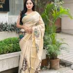 Beige Soft Banarasi Saree with Majestic Peacock Print – Elegant Traditional Wear for Women