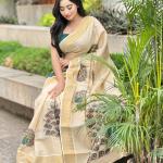 Beige Soft Banarasi Saree with Majestic Peacock Print – Elegant Traditional Wear for Women