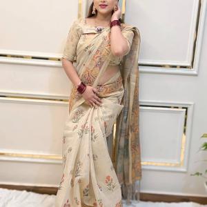 Elegant Beige Linen Saree with Traditional Madhubani-Inspired Print – Ethnic Casual & Festive Wear for Women