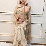 Elegant Beige Linen Saree with Traditional Madhubani-Inspired Print – Ethnic Casual & Festive Wear for Women