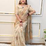 Elegant Beige Linen Saree with Traditional Madhubani-Inspired Print – Ethnic Casual & Festive Wear for Women