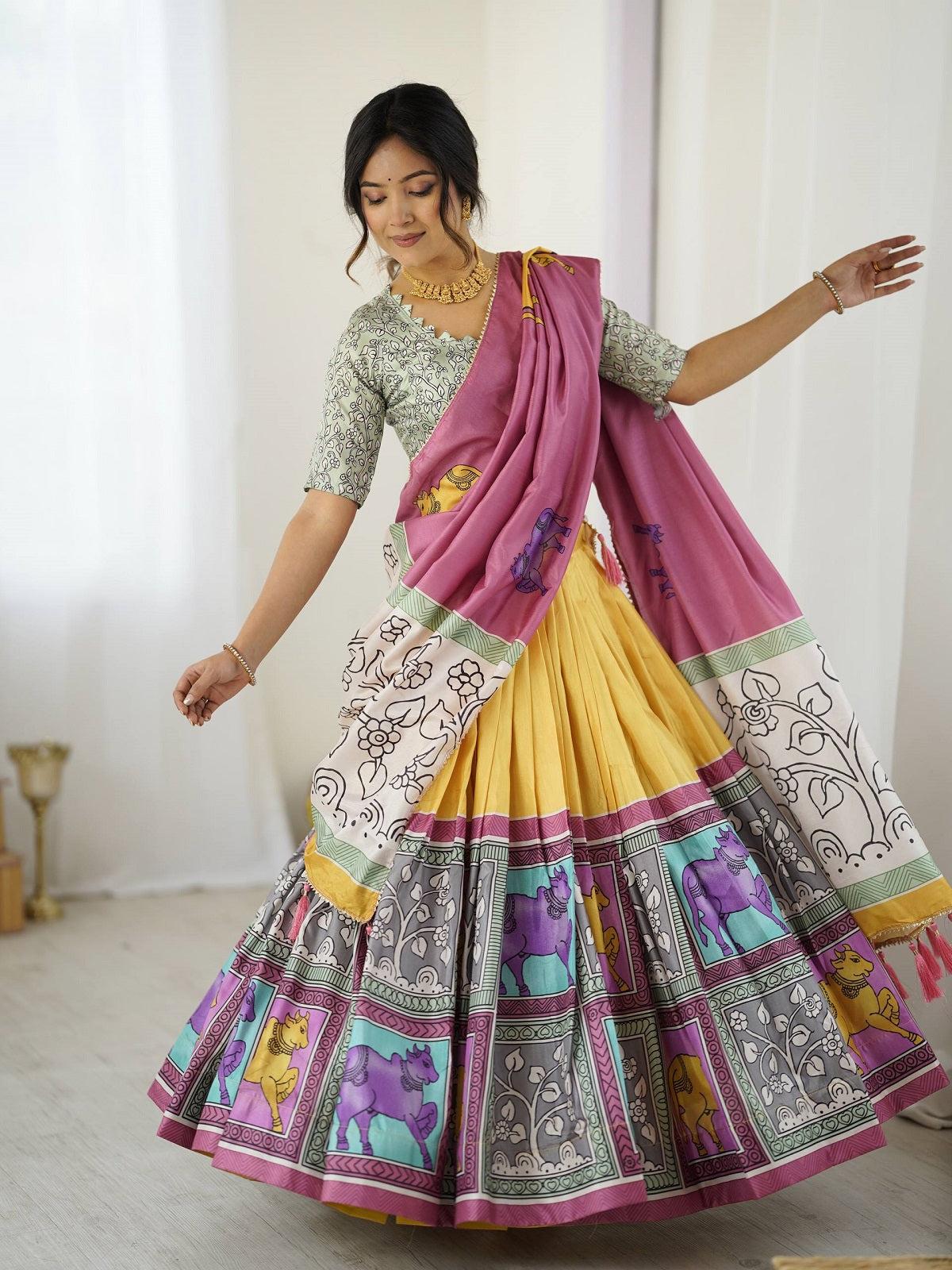 Vibrant Multicolor Handcrafted Lehenga Choli Set with Tribal Horse Print – Festive & Wedding Wear for Women
