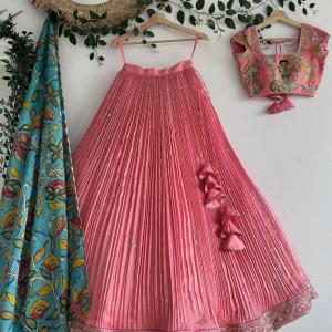 Girls Pink Pleated Lehenga Choli with Embroidered Blouse and Printed Dupatta