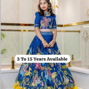 Girls Royal Blue Traditional Printed Lehenga Choli Set with Yellow Flair