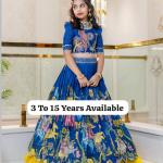 Girls Royal Blue Traditional Printed Lehenga Choli Set with Yellow Flair