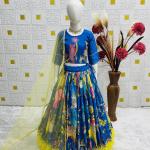 Girls Royal Blue Traditional Printed Lehenga Choli Set with Yellow Flair