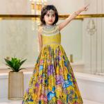 Girls Premium Yellow Printed Ethnic Gown with Pink Pleated Flair