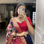 Glamgait Navy Blue Patola Lehenga Choli with Banarasi Border & Traditional Printed Dupatta