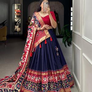 Glamgait Navy Blue Patola Lehenga Choli with Banarasi Border & Traditional Printed Dupatta