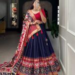 Glamgait Navy Blue Patola Lehenga Choli with Banarasi Border & Traditional Printed Dupatta
