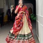 Glamgait Cream Patola Lehenga Choli with Red Printed Dupatta & Banarasi Border