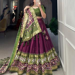 Glamgait Wine & Olive Green Patola Lehenga Choli with Banarasi Border & Printed Dupatta