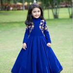 Royal Blue Velvet Embroidered Gown for Girls