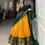 Mustard Yellow Silk Lehenga Choli with Green Dupatta & Zari Border