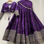 Royal Purple Silk Lehenga Choli with Heavy Gold Embroidered Border & Dupatta
