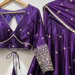 Royal Purple Silk Lehenga Choli with Heavy Gold Embroidered Border & Dupatta