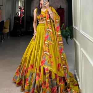 Mustard Green Floral Printed Lehenga Choli with Designer Dupatta