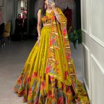 Mustard Green Floral Printed Lehenga Choli with Designer Dupatta