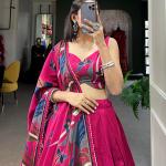 Rani Pink Printed Lehenga Choli with Designer Dupatta