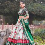 Green Floral Printed Lehenga Choli with Silk Dupatta & Traditional Border
