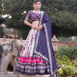 Navy Blue Floral Printed Lehenga Choli with Silk Dupatta & Traditional Border