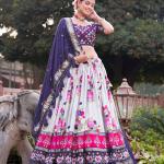 Navy Blue Floral Printed Lehenga Choli with Silk Dupatta & Traditional Border