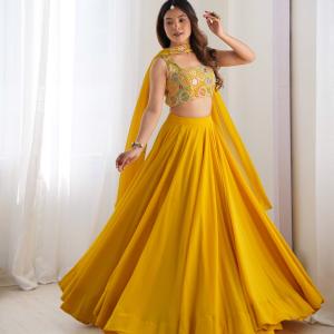 Mustard Yellow Flared Lehenga Choli with Embroidered Designer Blouse & Dupatta