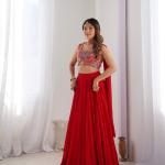 Elegant Red Flared Lehenga Choli with Designer Printed Blouse & Dupatta
