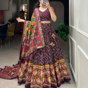 Maroon Bandhani Print Lehenga Choli with Multicolor Patola Dupatta