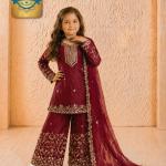 Girls Maroon Embroidered Kurta Palazzo Set with Dupatta
