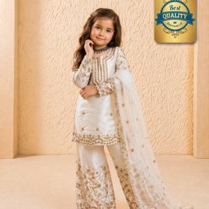 Girls Off White Embroidered Kurta Palazzo Set with Net Dupatta