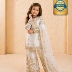 Girls Off White Embroidered Kurta Palazzo Set with Net Dupatta