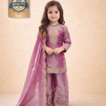 Girls Mauve Pink Embroidered Kurta Palazzo Set with Dupatta