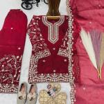 Girls Maroon Embroidered Kurta Palazzo Set with Dupatta