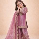 Girls Mauve Pink Embroidered Kurta Palazzo Set with Dupatta