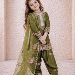 Girls Olive Green Embroidered Kurta Salwar Set with Dupatta